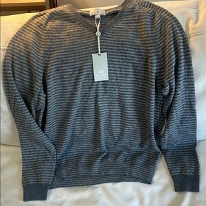 Pure Collection Gray Striped V-Neck Cashmere Sweater